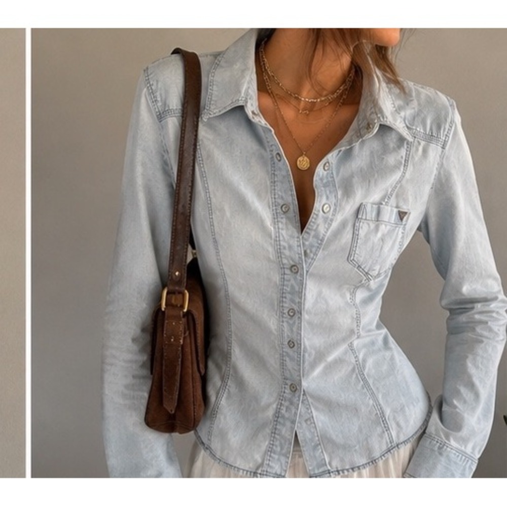 GUESS Light Wash Denim Button-Up Shirt | Y2K Western Boho